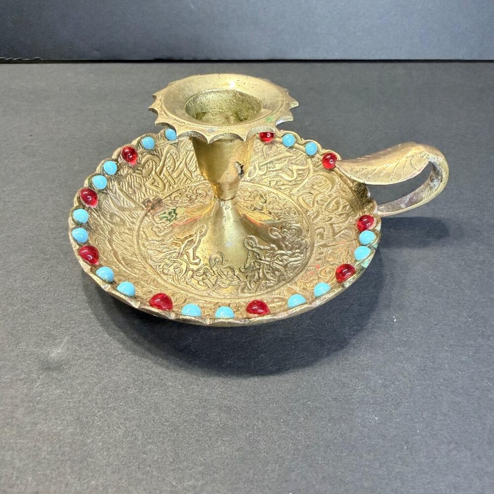 Vintage Damascus Brass Chamberstick Candle Holder Jeweled Turquoise Red Bead 4.5